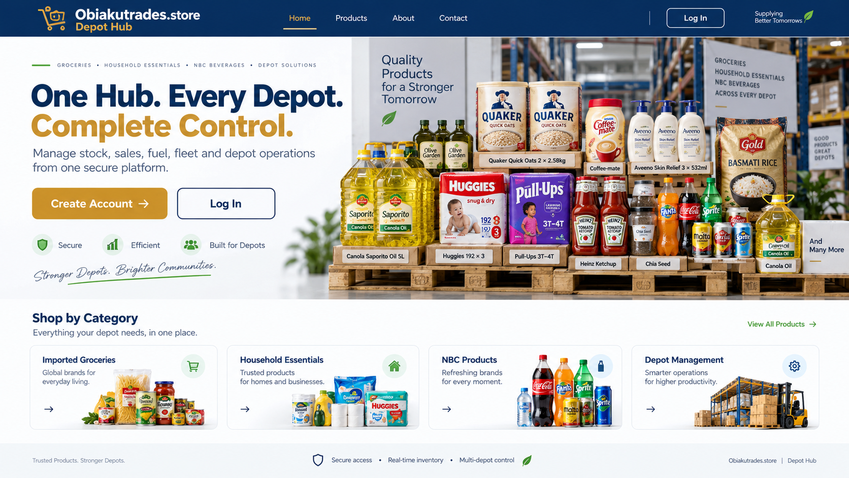 Imported groceries, household essentials and NBC products arranged in a depot warehouse